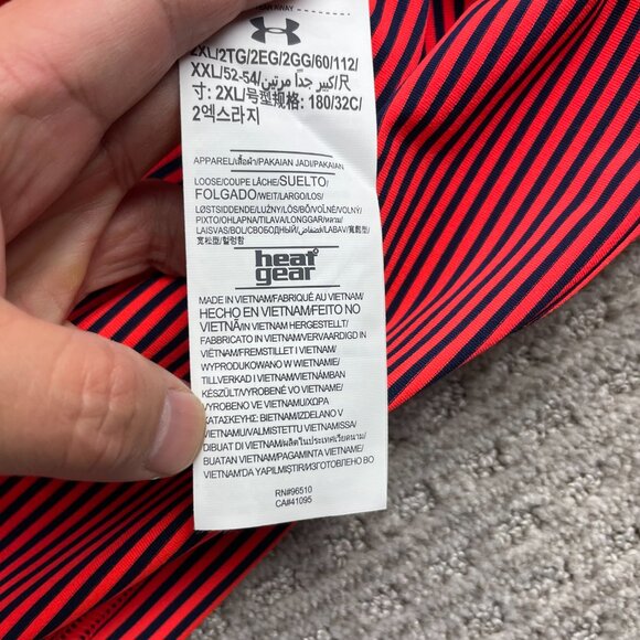 New Under ARMOUR Golf Shirt Men 2XL Neon Orange Navy Blue Stripes Heat Gear NWT - Picture 8 of 15